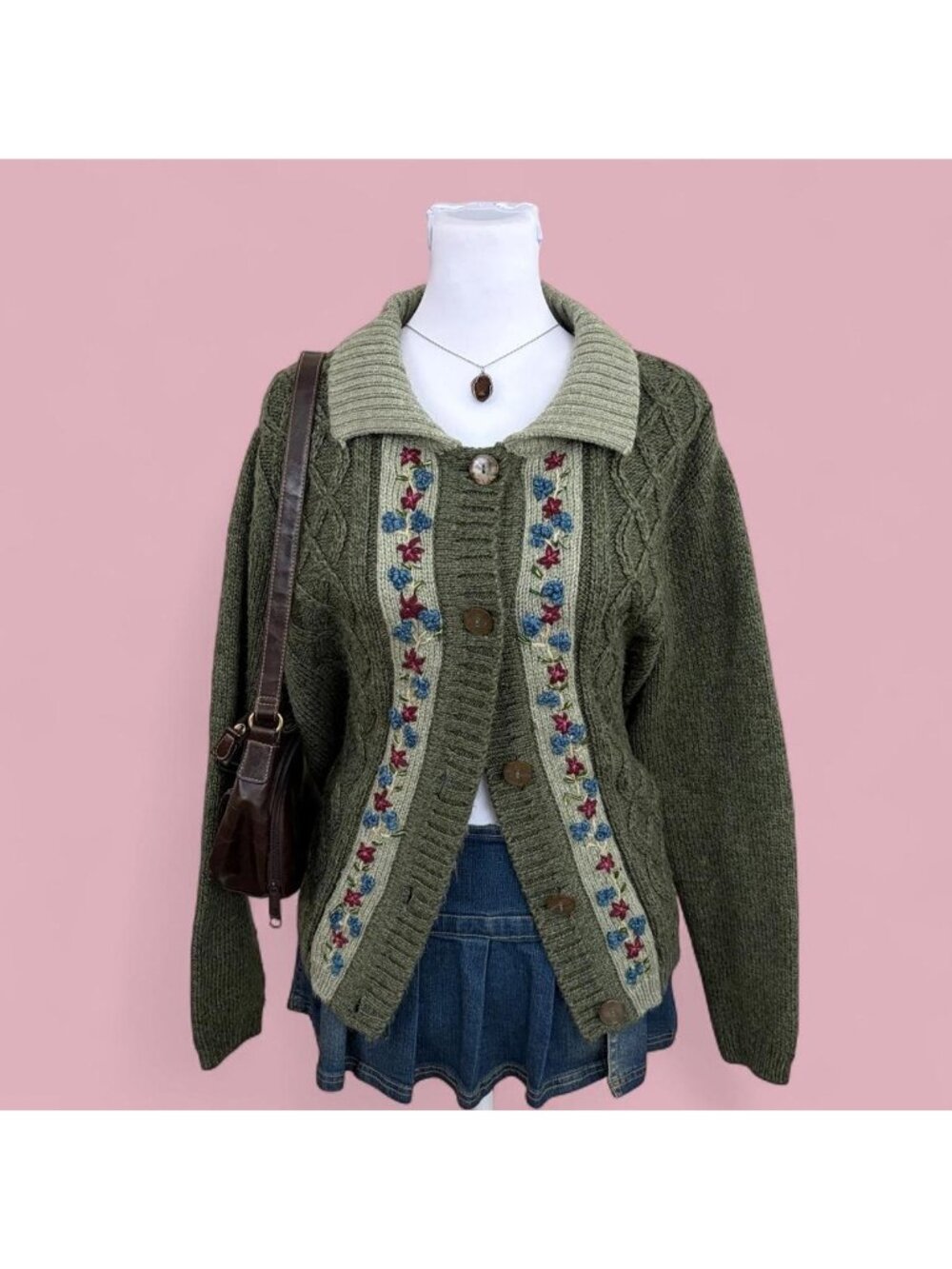 90s floral cottagecore cable knit cardigan